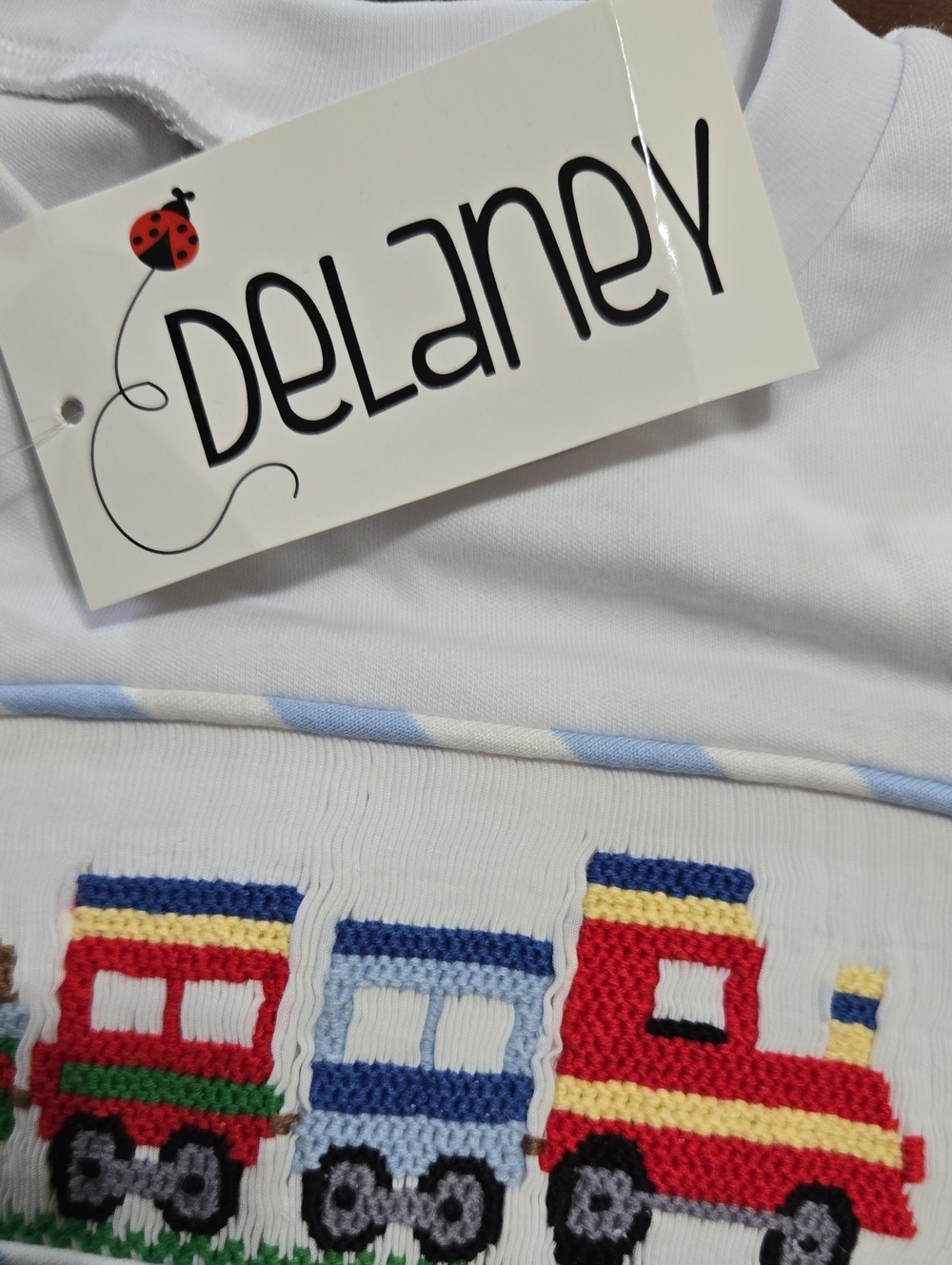 Delaney White and Light Blue Train-Embroidered Kids Smocked Set - Picture 2 of 5
